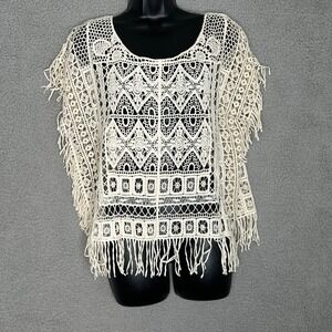 Cato Womens Large Crochet Fringe Boho Top Cream Cotton Festival‎ Hippie Chic
